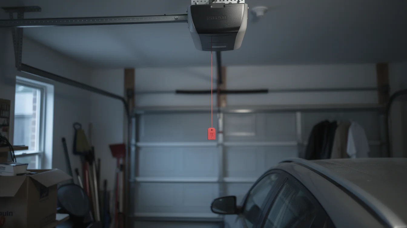 A garage door opener hangs from the ceiling with a red emergency release cord.