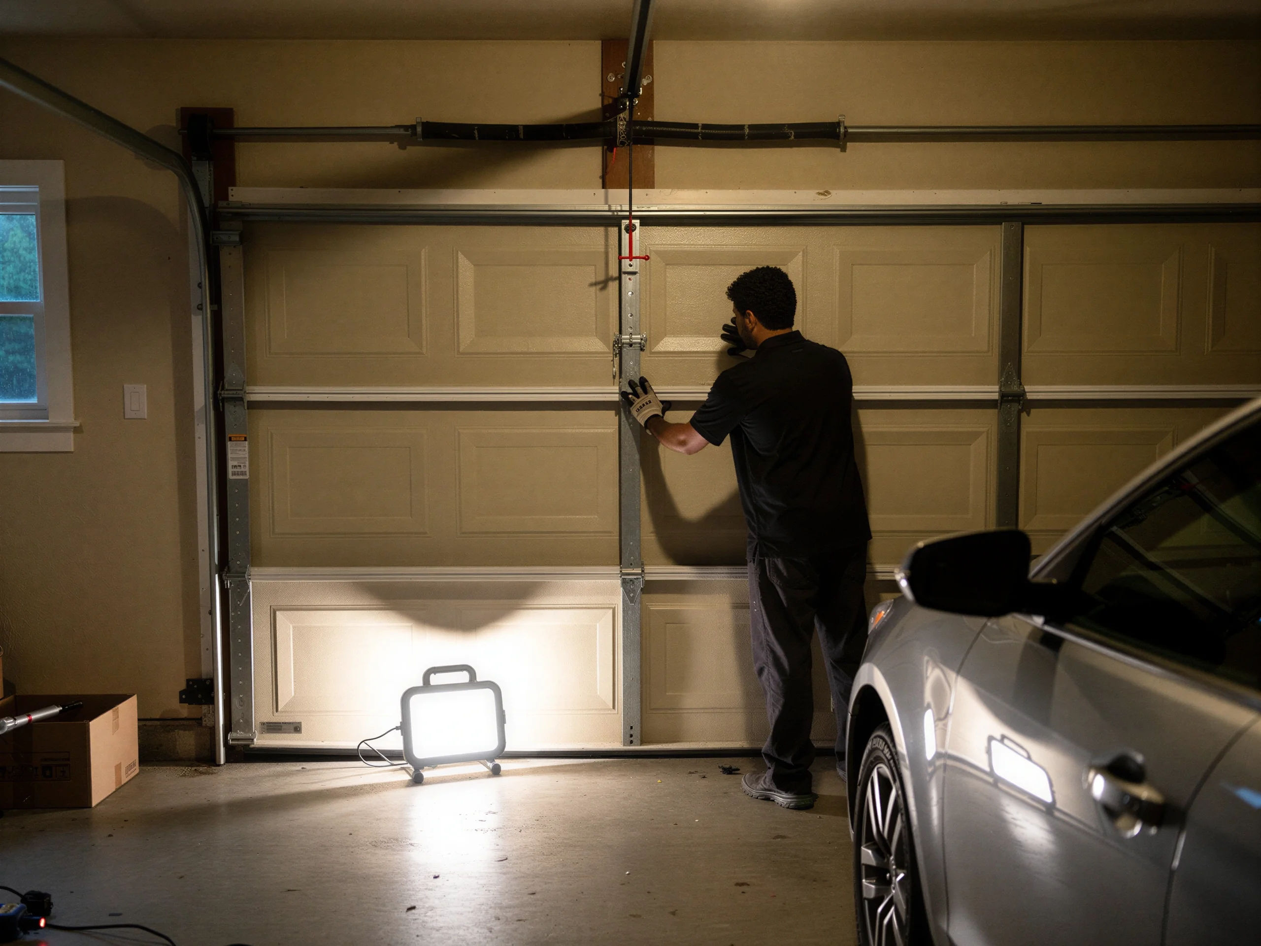 A technician in gloves works on a beige garage door with a work light on the floor.