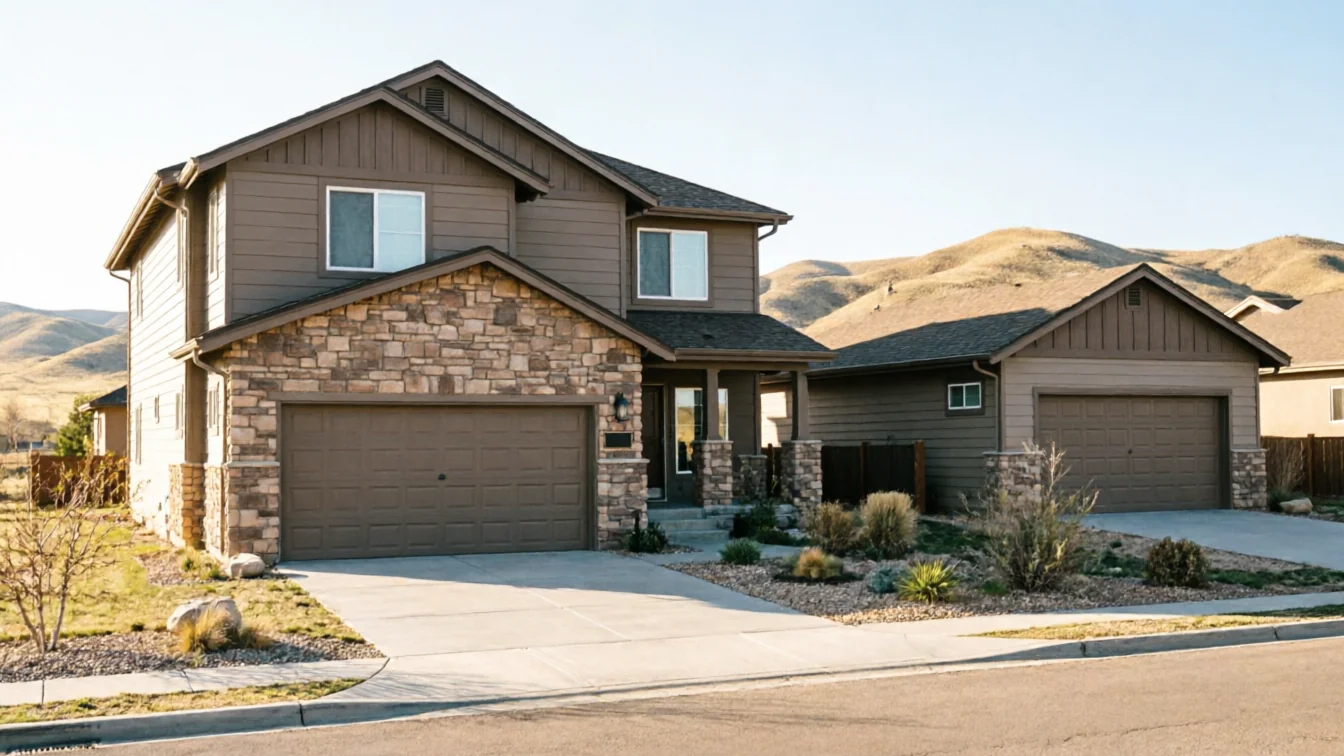 A two-story brown house with a two-car garage and stone accents.